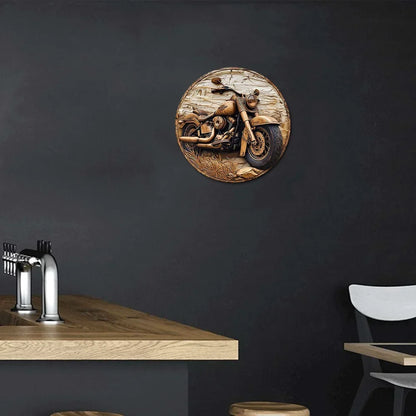 Round faux wood carved circular wreath sign with motorcycle relief, gold-brown finish on Tampa Home & Garden Store