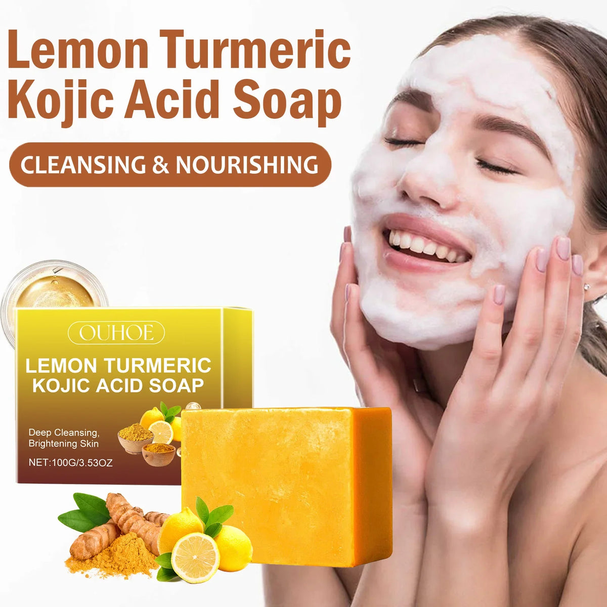 Lemon Turmeric Kojic Acid Soap by Silcy Skin, bright yellow packaging with lemon imagery on Tampa Home & Garden Store