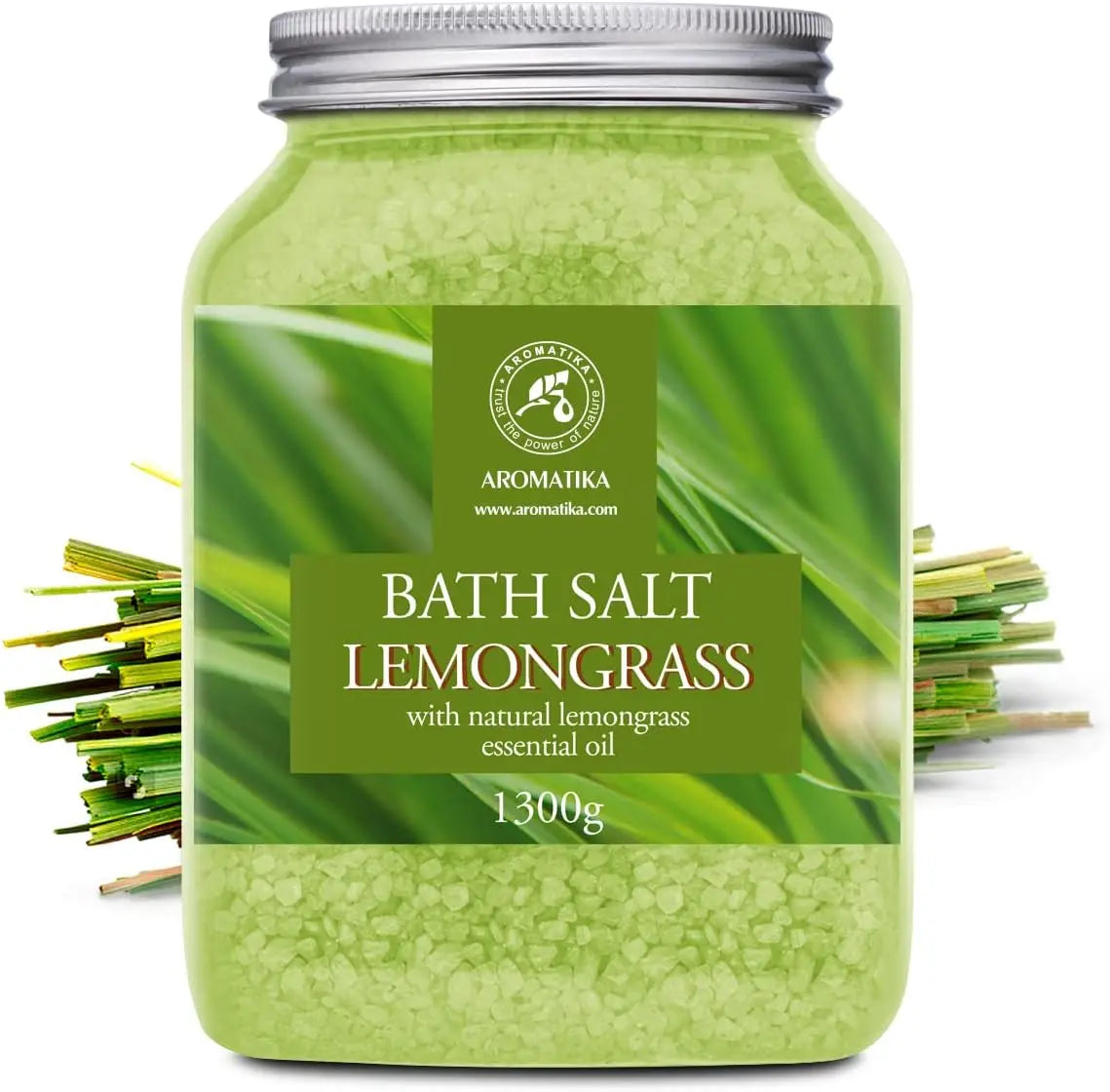Bath salt lemongrass jar 1300g in green Aromatika container with lemongrass essential oil on Tampa Home & Garden Store
