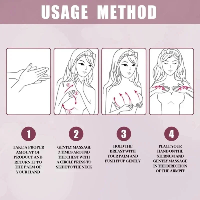 Silcy Skin breast enlargement cream usage method with 4-step chest lift diagrams on Tampa Home & Garden Store