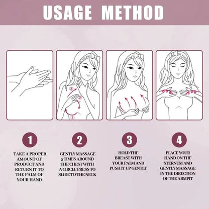 Silcy Skin breast enlargement cream usage method with 4-step chest lift diagrams on Tampa Home & Garden Store