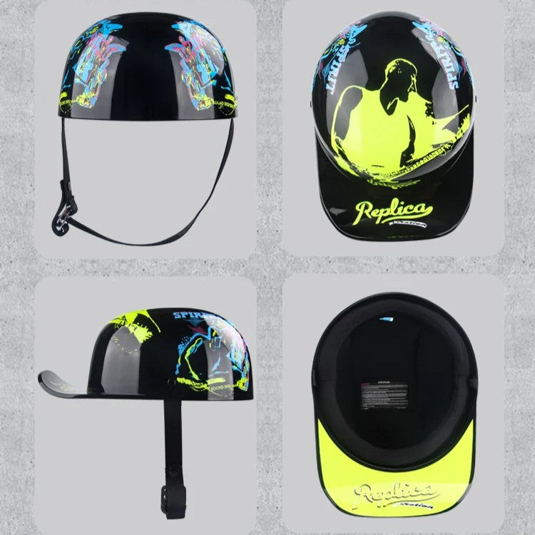 Vintage half motorcycle helmet by BikerZoneZ black neon graffiti graphics and Replica logo on Tampa Home & Garden Store