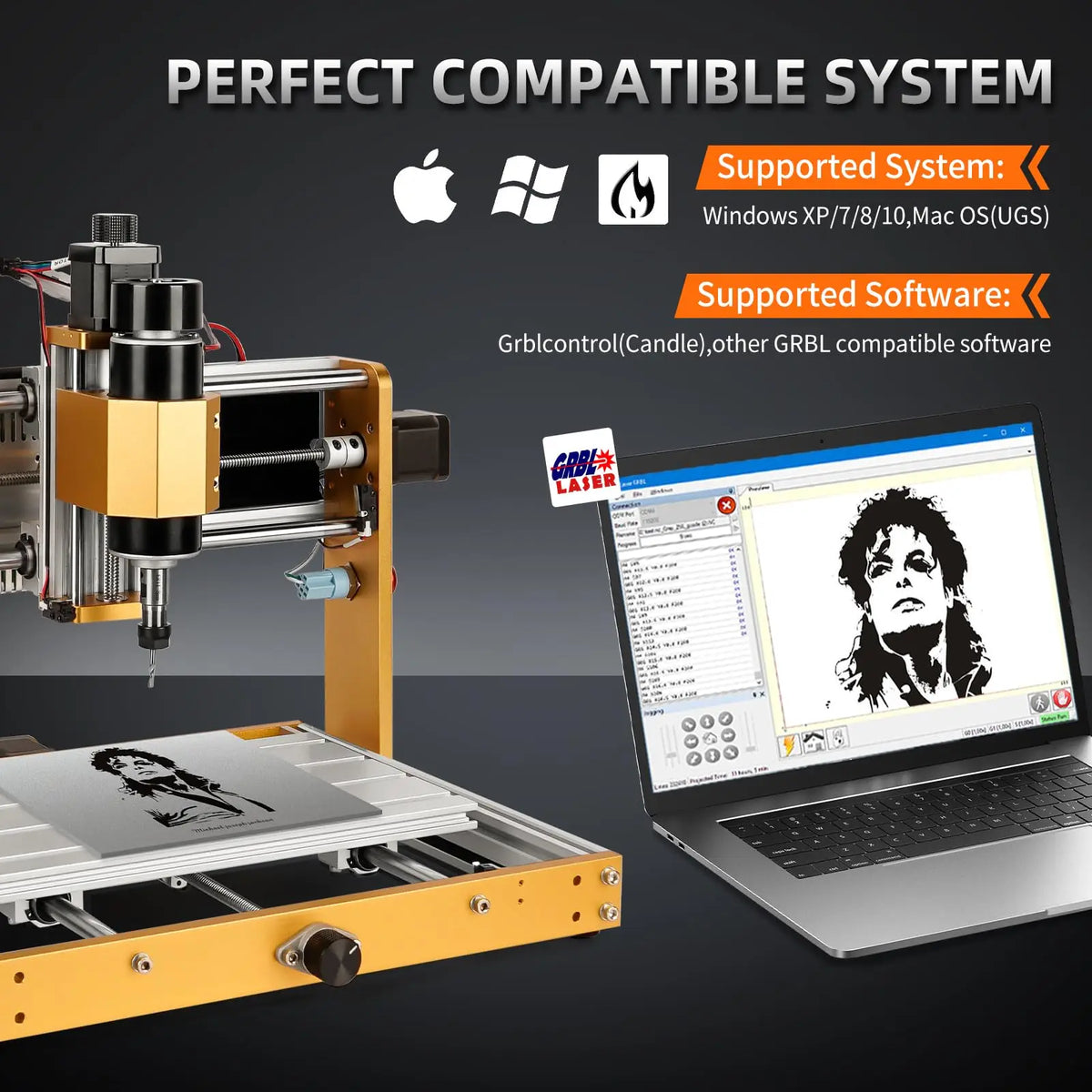 3018Pro Max CNC Router, 500W all-aluminum frame, yellow gantry beside laptop on Tampa Home & Garden Store
