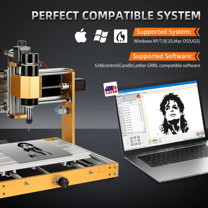 3018Pro Max CNC Router, 500W all-aluminum frame, yellow gantry beside laptop on Tampa Home & Garden Store