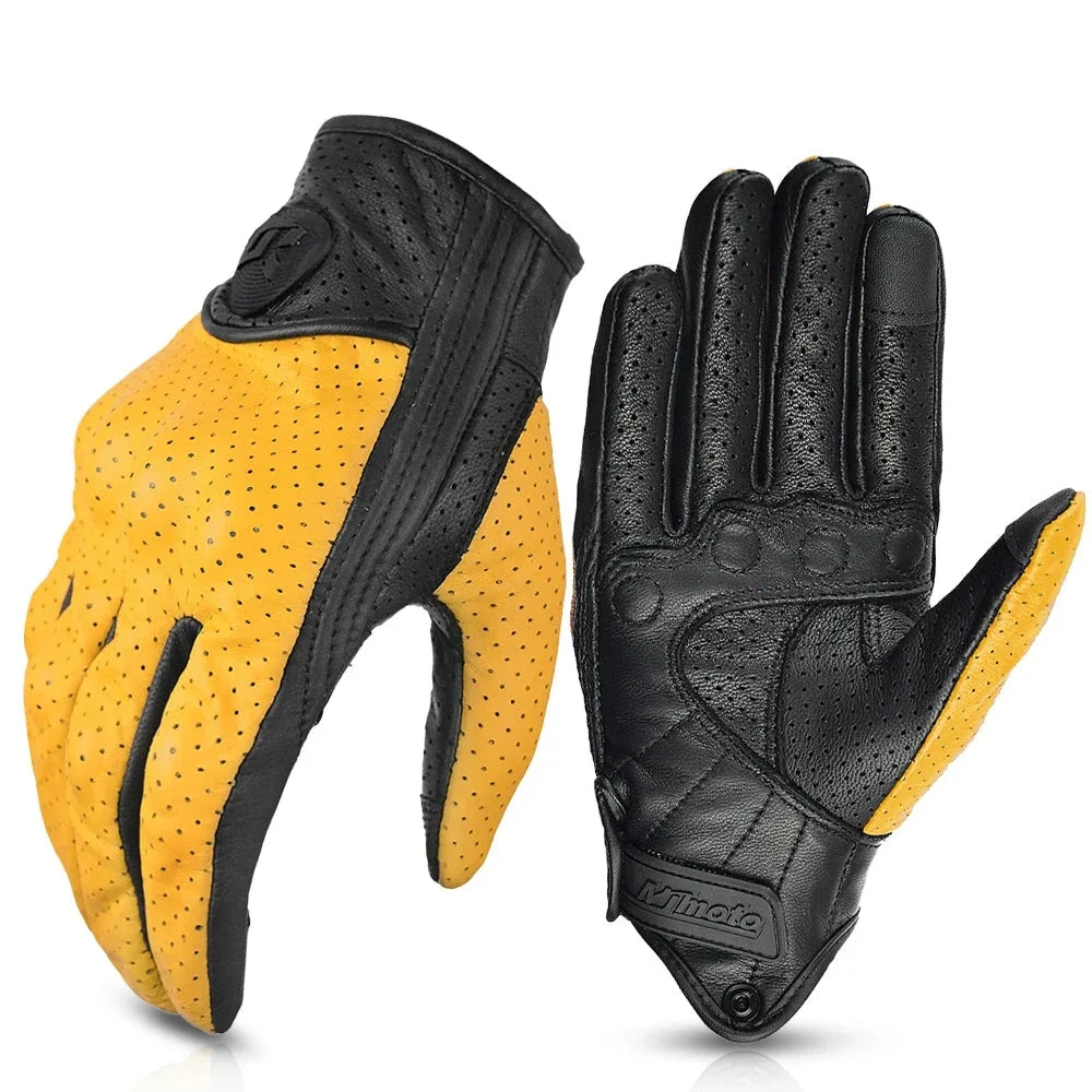 Leather Gloves Retro Biker pair in yellow perforated back, black palm by BikerZoneZ on Tampa Home & Garden Store