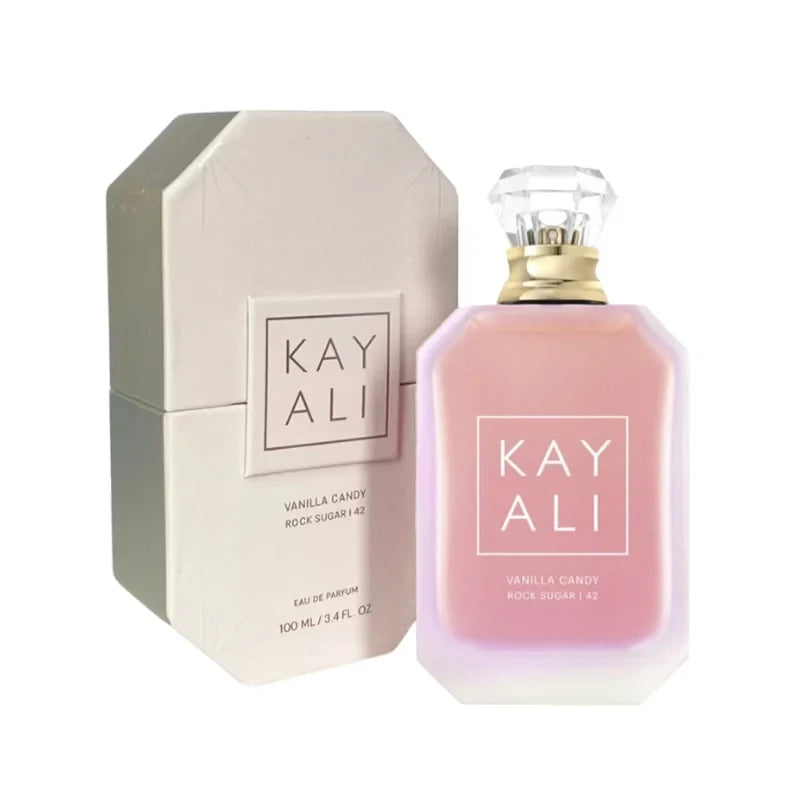 Kayali Vanilla Candy perfume bottle with pink glass and crystal cap beside beige Kayali box on Tampa Home & Garden Store