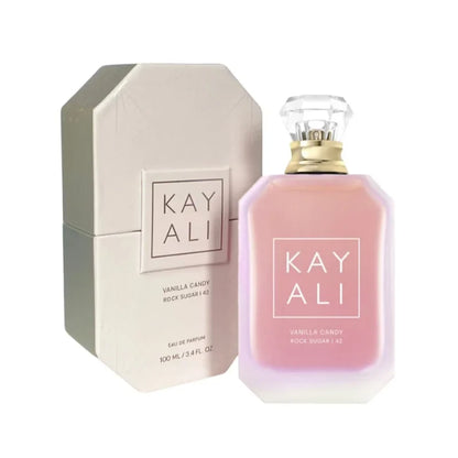 Kayali Vanilla Candy perfume bottle with pink glass and crystal cap beside beige Kayali box on Tampa Home & Garden Store