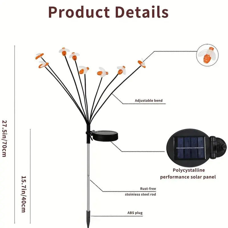 Perfecsy Solar 6/8-Head Bee LED Garden Light with adjustable bend arms and solar panel on Tampa Home & Garden Store