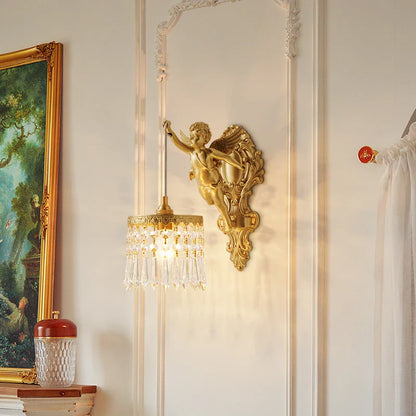 Brass Angel Wall Lamp Crystal Sconce Light Bedside Balcony Corridor Porch Decor