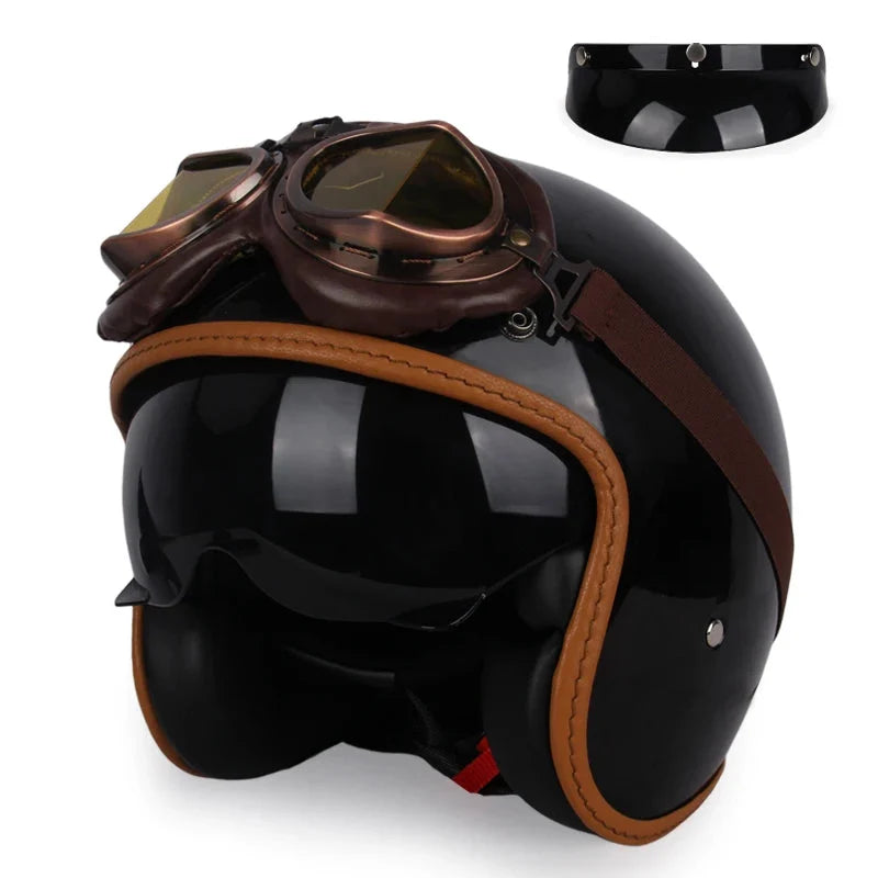 Vintage Open-Face Helmet by BikerZoneZ, black glossy shell with brown leather and goggles on Tampa Home & Garden Store