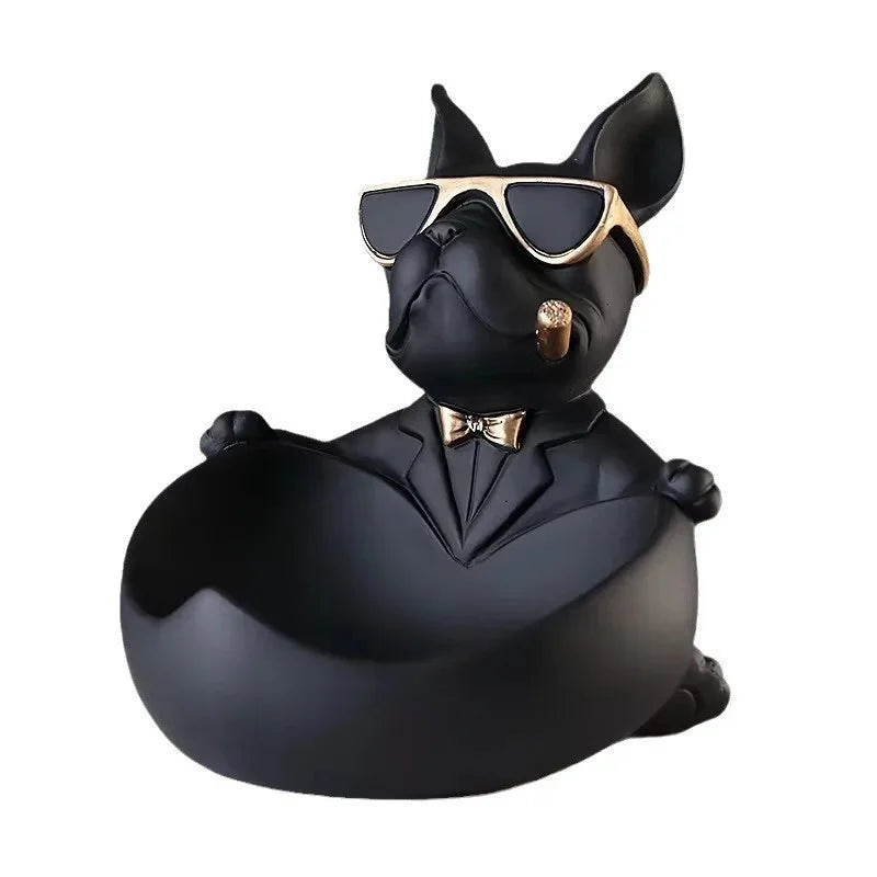 Black resin dog figurine storage box in tuxedo with sunglasses and cigar on Tampa Home & Garden Store
