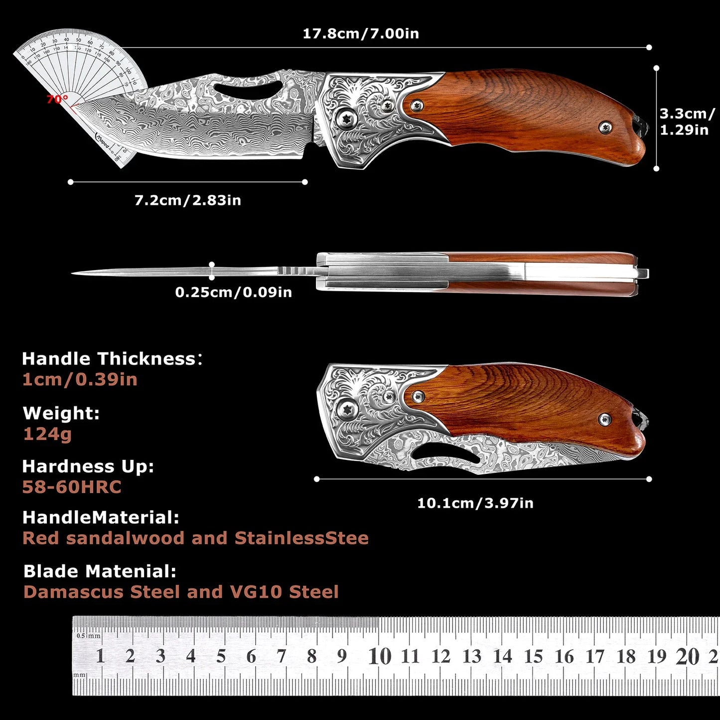 67 Layer Damascus Folding Knife with Wood Handle