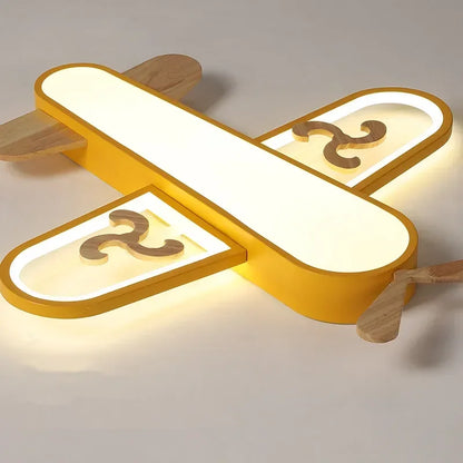 DecorBites Kids LED Wood Ceiling Light, yellow airplane design with wood propellers on Tampa Home & Garden Store
