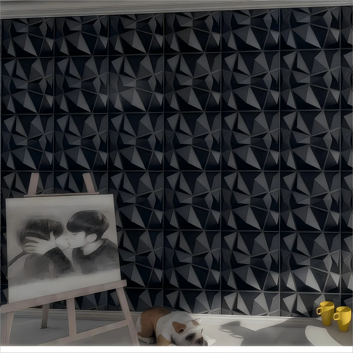 Perfecsy 12-pack 50x50cm 3D PVC wall panels with pattern; easel, photo, sleeping dog, mugs on Tampa Home & Garden Store