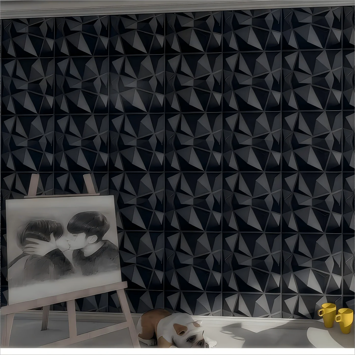 Perfecsy 12-pack 50x50cm 3D PVC wall panels with pattern; easel, photo, sleeping dog, mugs on Tampa Home & Garden Store