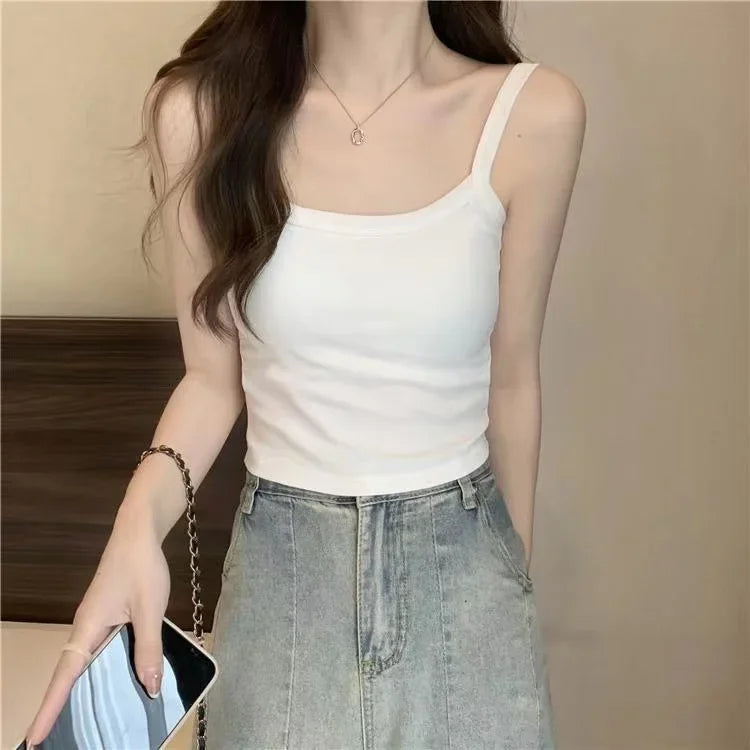Women crop top white sleeveless camisole by UpTrend Deals with thin straps, top and denim skirt on Tampa Home & Garden Store