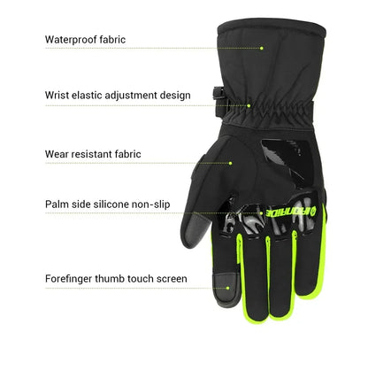 Warm Winter Waterproof Windproof Anti-slip BikerZoneZ Gloves, black with neon trim, wrist adjust on Tampa Home & Garden Store