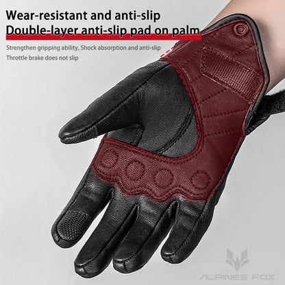Vintage real leather motorcycle gloves with red anti-slip palm pad and breathable touchscreen on Tampa Home & Garden Store