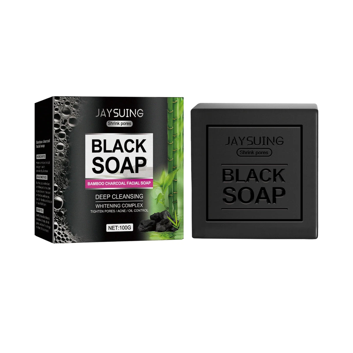 Two items bamboo charcoal facial soap box and black soap bar by JAYSUING shrink pores label on Tampa Home & Garden Store