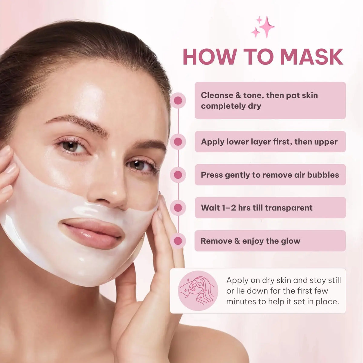 Silcy Skin collagen sheet mask on model's face with pink how-to infographic on Tampa Home & Garden Store