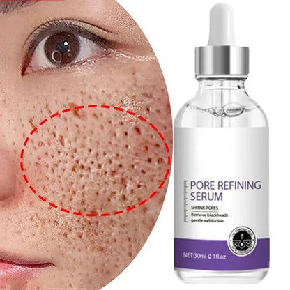 Silcy Skin Pore Refining Serum bottle with white dropper; close-up of pores on cheek area on Tampa Home & Garden Store
