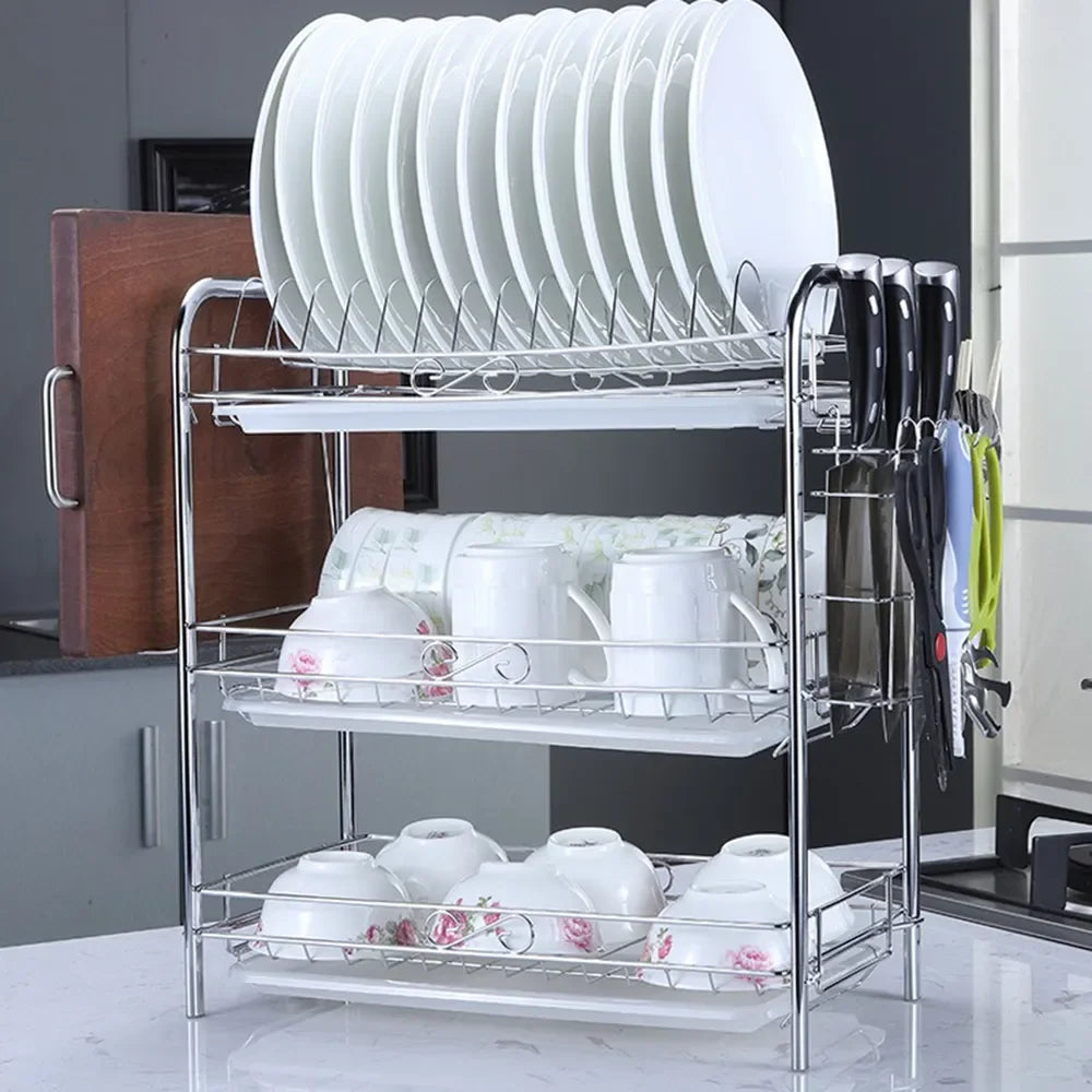 3-Tier Kitchen Drying Rack & Dish Organizer Shelf with Drain Board