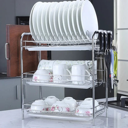 3-Tier Kitchen Drying Rack & Dish Organizer Shelf with Drain Board