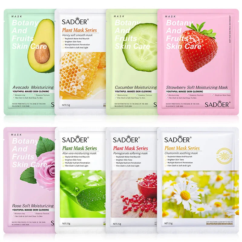 SADOER 8pc Fruits Face Mask set with avocado cucumber strawberry rose aloe vera on Tampa Home & Garden Store