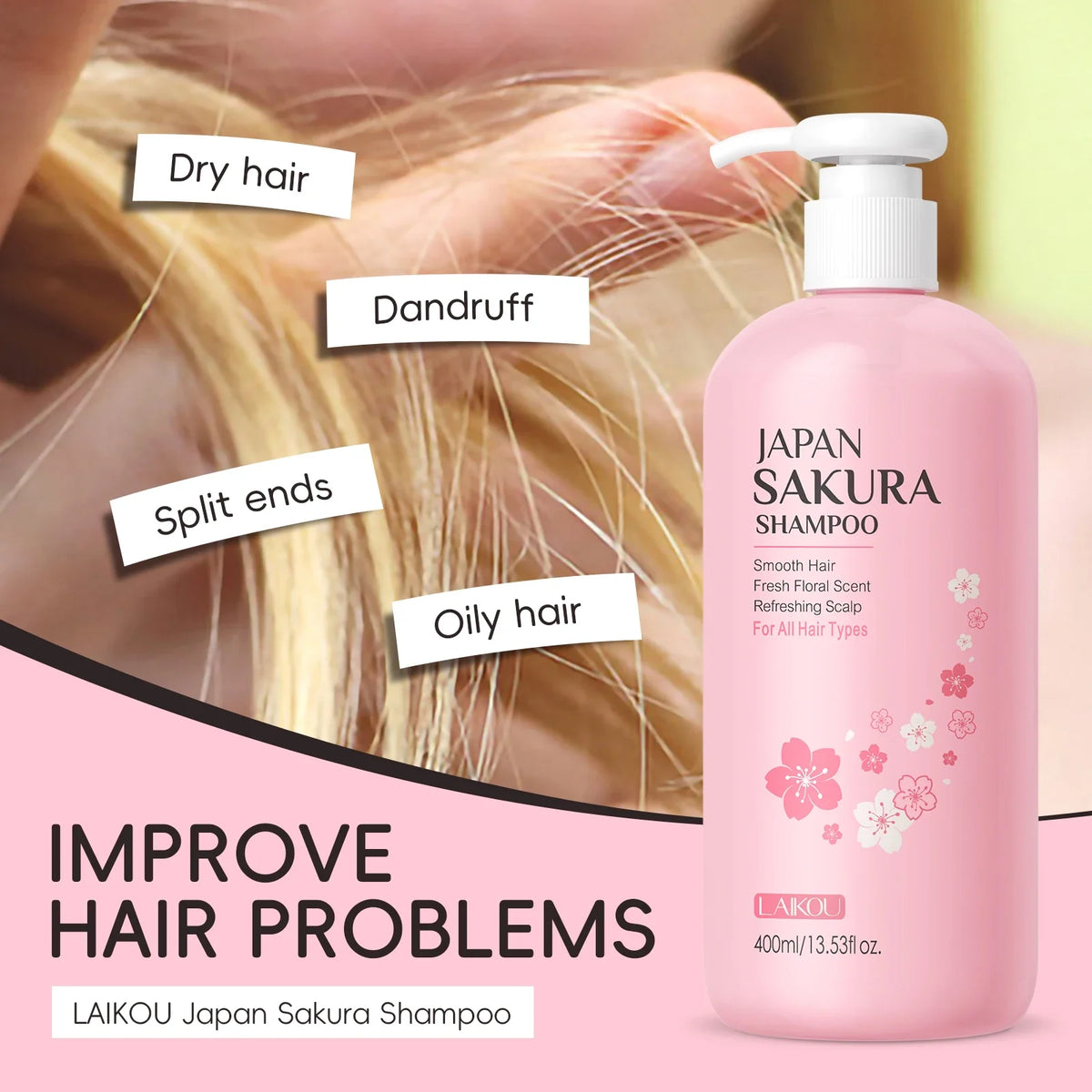 Pink LAIKOU Japan Sakura Shampoo bottle with pump and cherry blossom design for dry hair on Tampa Home & Garden Store