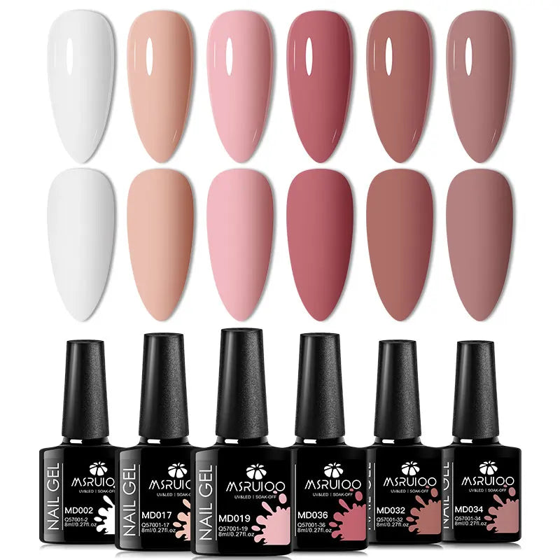 Silcy Skin 6pc nail gel polish set with nude pink shades and black bottles for UV gel nails on Tampa Home & Garden Store