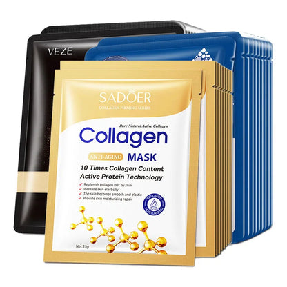 Hyaluronic acid collagen sheet masks 20pc pack by Sadoer, gold pouch with blue backing on Tampa Home & Garden Store