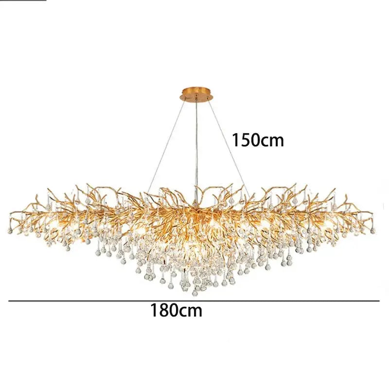 Decorbites LED pendant chandelier with gold-toned branches and crystal drops, 180cm wide on Tampa Home & Garden Store