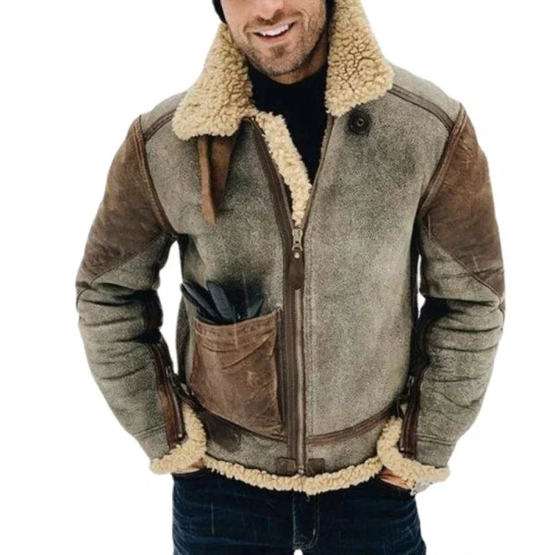 Mens winter shearling biker jacket with stand collar olive brown suede UpTrend Deals on Tampa Home & Garden Store