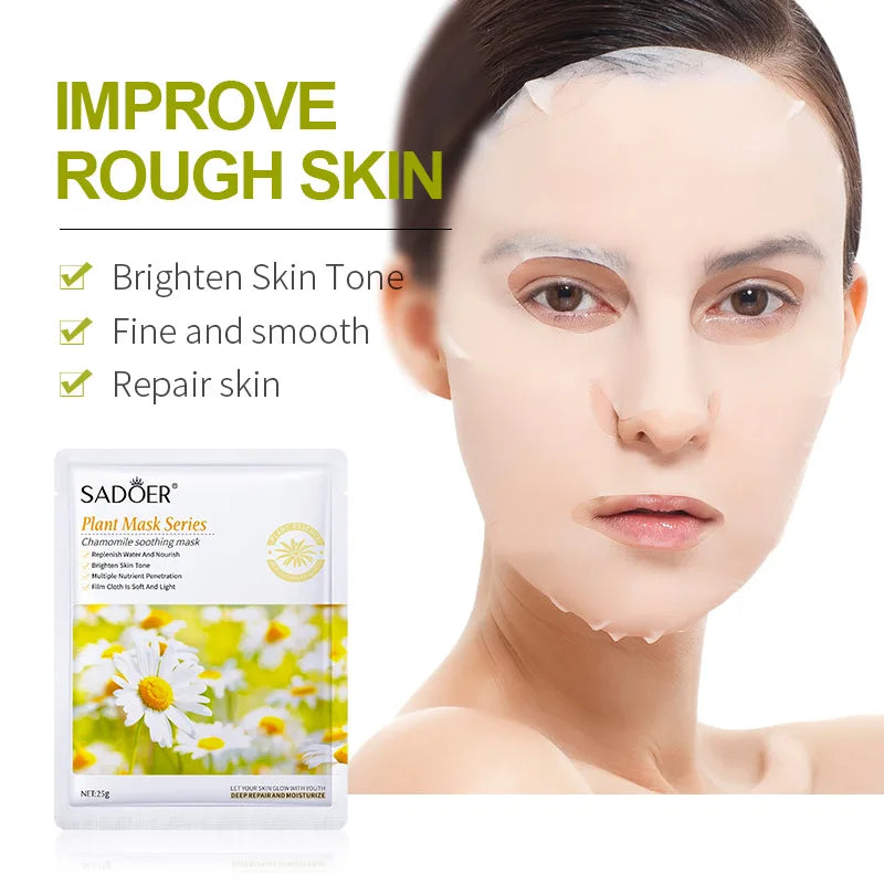 Sadoer 8pc Plant Mask Chamomile sheet masks by Silcy Skin for moisturizing model shown on Tampa Home & Garden Store