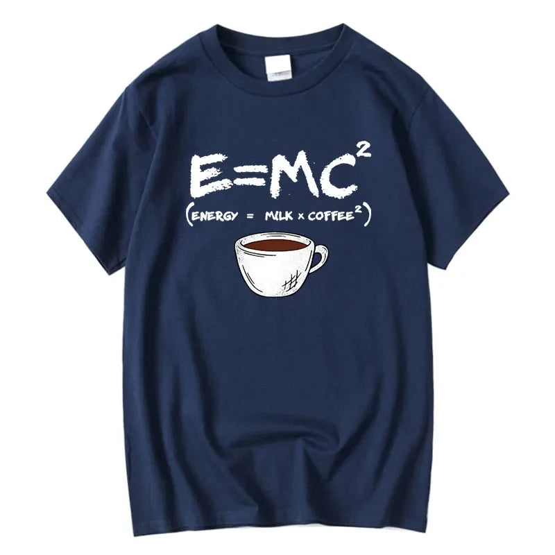 Men's navy cotton T-shirt with energy=milk x coffee graphic and coffee cup on Tampa Home & Garden Store