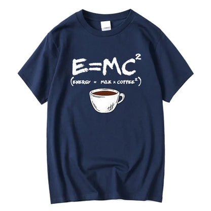 Men's navy cotton T-shirt with energy=milk x coffee graphic and coffee cup on Tampa Home & Garden Store