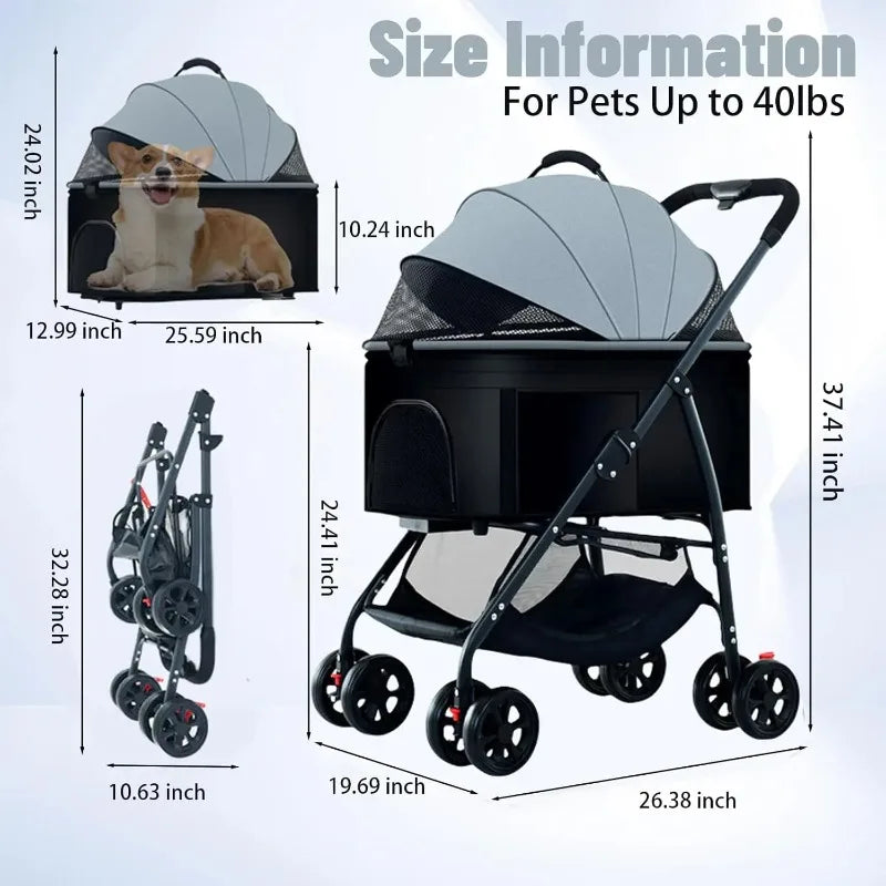 Pet Zen 3-in-1 dog stroller with removable carrier, grey canopy, black frame, four wheels on Tampa Home & Garden Store