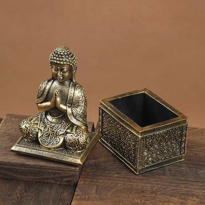 Elephant Buddha statue and two-piece resin gift box, antique gold finish, Perfecsy decor on Tampa Home & Garden Store
