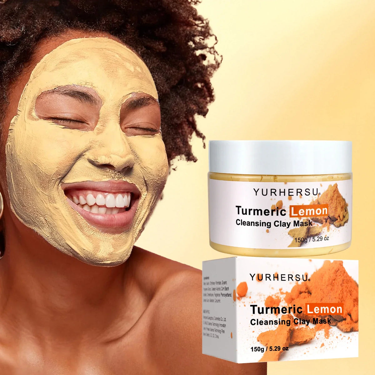 Silcy Skin Turmeric Lemon Clay Mask, jar & box, woman with yellow mask for skin repair on Tampa Home & Garden Store