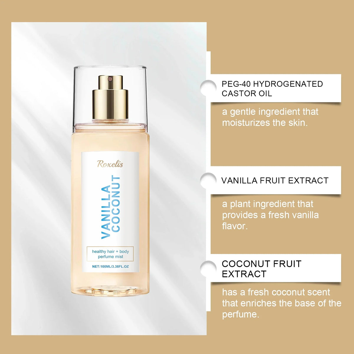 Silcy Skin Vanilla Coconut Body Hair Mist travel-size spray bottle with gold cap on Tampa Home & Garden Store