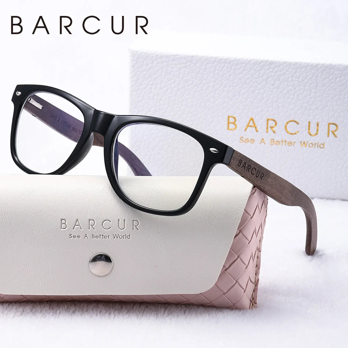 BARCUR oval sunglasses with black frame and brown textured wooden temples with BARCUR case on Tampa Home & Garden Store