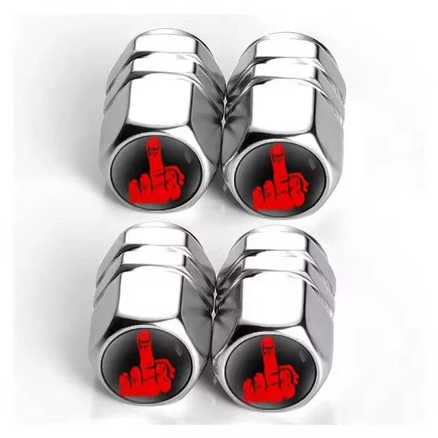 4-pack aluminium valve stem caps chrome finish with red middle-finger icon by BikerZoneZ on Tampa Home & Garden Store