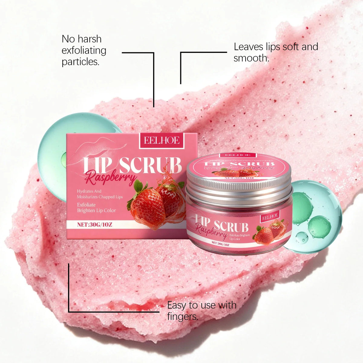 Strawberry Lip Scrub by Silcy Skin in box and jar with raspberry art and exfoliating particles on Tampa Home & Garden Store