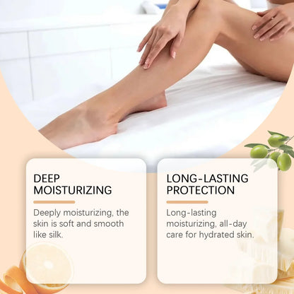 Silcy Skin Tallow Honey Balm on leg and arm; hydrated skin in a peach spa scene with olives on Tampa Home & Garden Store