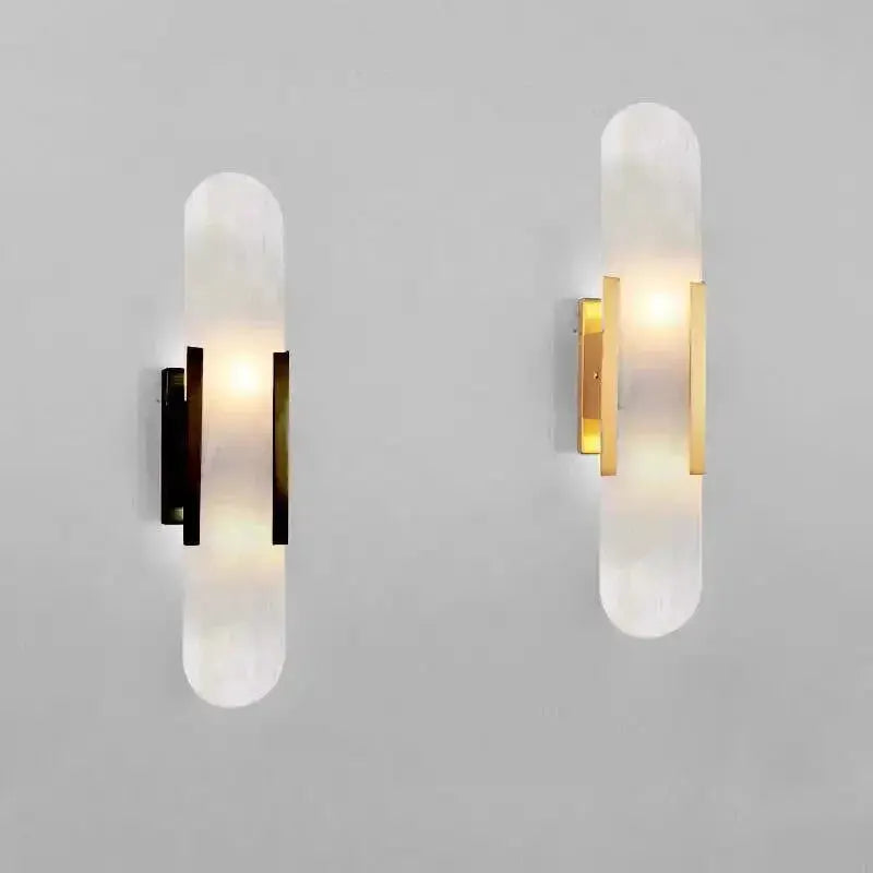 DecorBites Linear Marble Alabaster pendant light pair with shades and black and gold mounts on Tampa Home & Garden Store
