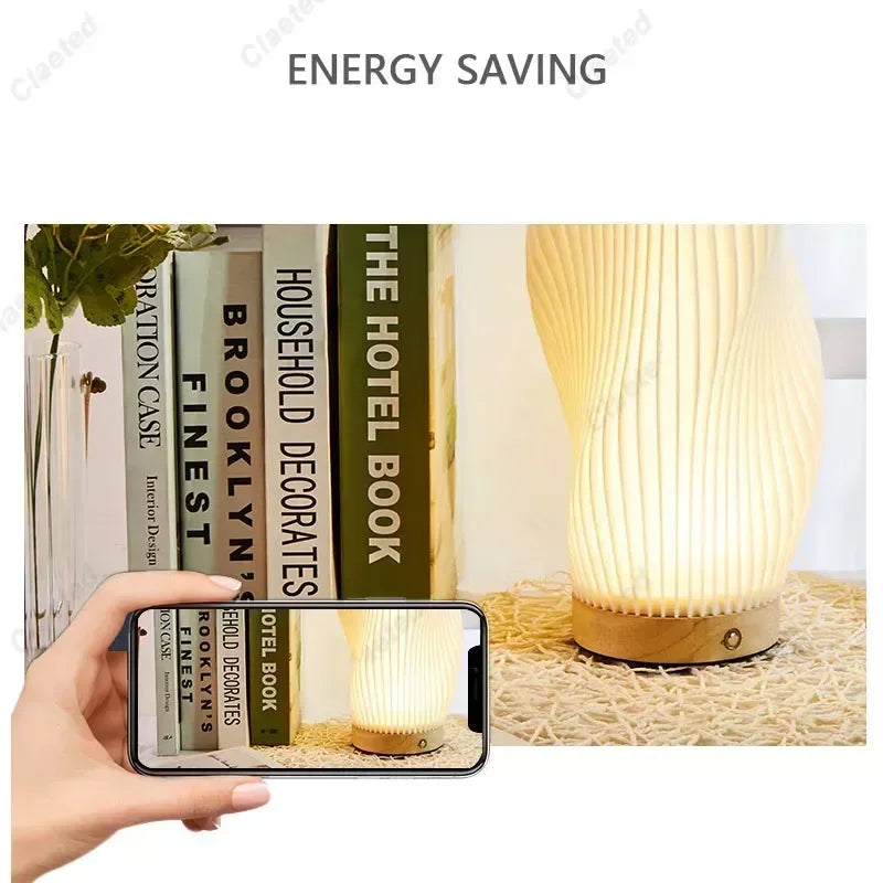 Perfecsy 7W wood table lamp with USB rechargeable dimmable LED, ribbed shade on wooden base on Tampa Home & Garden Store