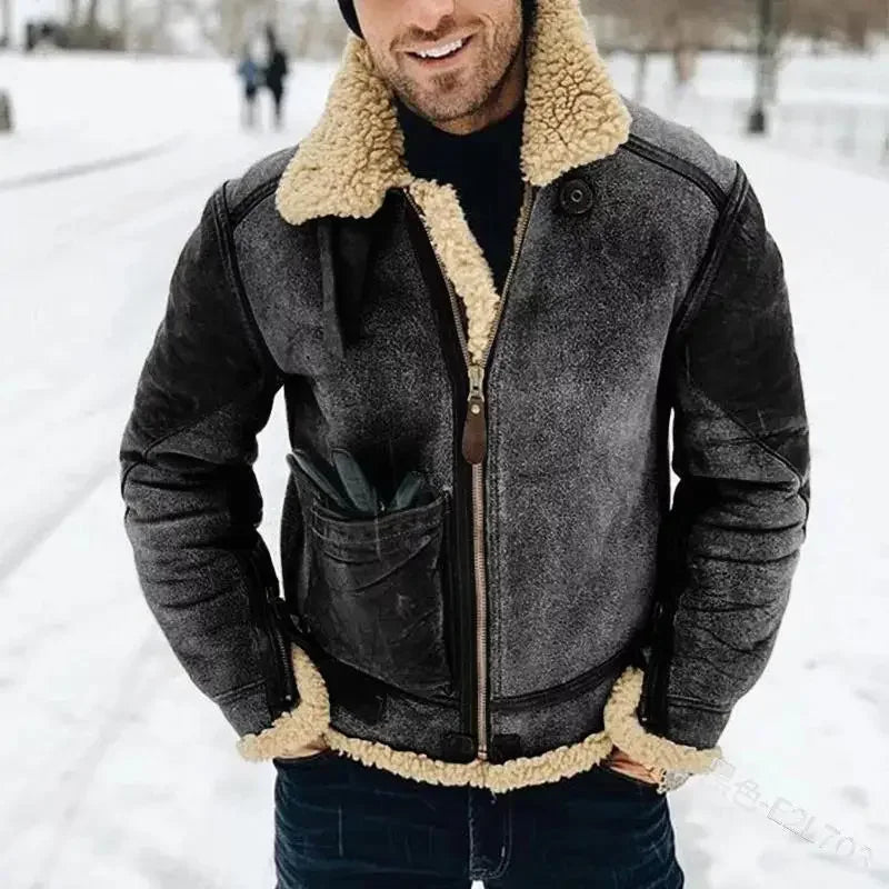 Mens winter jacket UpTrend Deals; charcoal gray shearling-lined biker coat with stand collar on Tampa Home & Garden Store