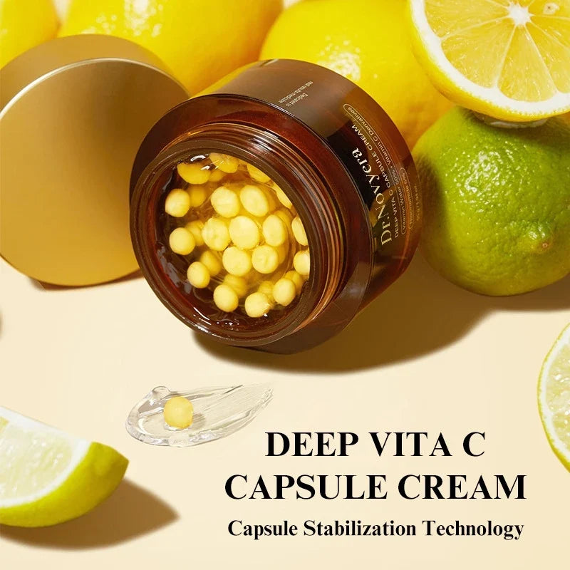 Vitamin C capsule cream by Silcy Skin in a brown glass jar with yellow capsules and citrus backdrop on Tampa Home & Garden Store