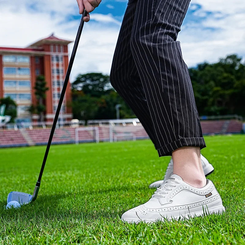 Men's golf shoes white leather breathable trainer EstaliosFit on green turf on Tampa Home & Garden Store