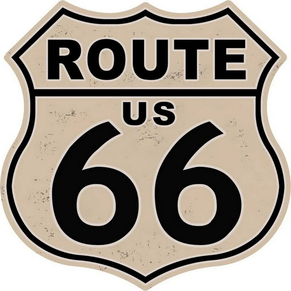 Route US 66 shield metal tin sign with beige distressed finish and bold black numerals on Tampa Home & Garden Store
